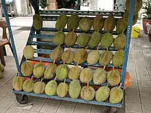Image 97Durians in rack sold in Kuala Lumpur (from Malaysian cuisine)