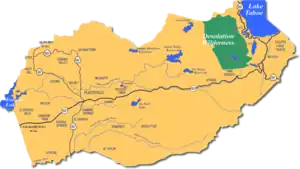 Meyers along U.S. Route 50 in a map of El Dorado County