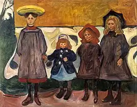 Four Girls in Åsgårdstrand, 1903, .mw-parser-output .frac{white-space:nowrap}.mw-parser-output .frac .num,.mw-parser-output .frac .den{font-size:80%;line-height:0;vertical-align:super}.mw-parser-output .frac .den{vertical-align:sub}.mw-parser-output .sr-only{border:0;clip:rect(0,0,0,0);clip-path:polygon(0px 0px,0px 0px,0px 0px);height:1px;margin:-1px;overflow:hidden;padding:0;position:absolute;width:1px}87 cm × 111 cm (34+1⁄4 in × 43+3⁄4 in), Munch Museum, Oslo