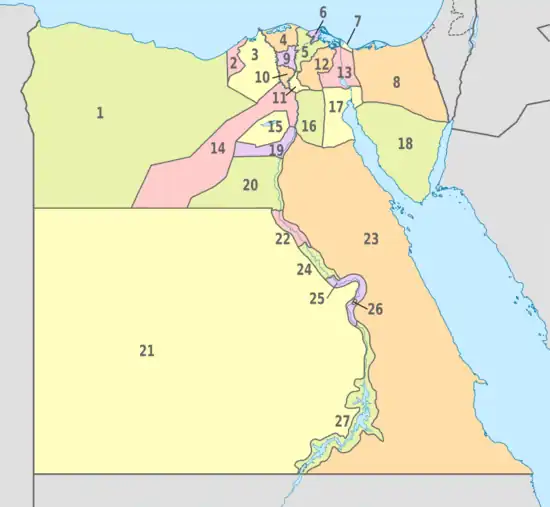 Image 26Governorates of Egypt1. Matrouh2. Alexandria3. Beheira4. Kafr El Sheikh5. Dakahlia6. Damietta7. Port Said8. North Sinai9. Gharbia10. Monufia11. Qalyubia12. Sharqia13. Ismailia14. Giza15. Faiyum16. Cairo17. Suez18. South Sinai19. Beni Suef20. Minya21. New Valley22. Asyut23. Red Sea24. Sohag25. Qena26. Luxor27. Aswan (from Egypt)