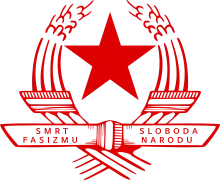 ZAVNOH emblem, a red star and "Death to Fascism – Freedom for the People"
