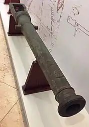 Breech-loading falconet in the Navy Museum of Lisbon, Portugal. Bronze. Reign of Sebastian I (1557-1578). Found in 1985 in the shipwreck of Portuguese carrack Santiago on the shallows of Judia, Indian Ocean.
