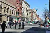 Flag carrying officers of the Holyoke Police Dept. leading the Saint Patrick's Parade, 2019