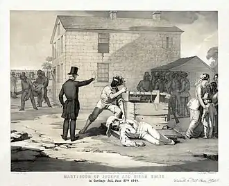 Image 28Martyrdom of Joseph and Hiram Smith in Carthage jail, June 27th, 1844. This unusual black-and-white lithograph has a second yellow-brown layer on top of it. Image credit: G.W. Fasel (painter); Charles G. Crehen (lithographer); Nagel & Weingaertner, N.Y. (publishers); Library of Congress (digital file); Adam Cuerden (upload) (from Portal:Illinois/Selected picture)