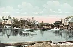 Town Hall and Pleasant River c. 1908