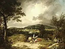A view south across Newtown from Sandleford by George Arnald (1763–1841), Wood gatherers, with Highclere Castle, and Beacon and Siddon hills in the distance, 1805.