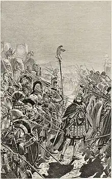 The painting showcases rows of an army, including infantry and war elephants, on the march. In the center of the image, among the troops, an individual appears to give commands.