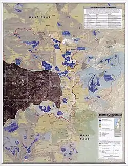 Detailed map of the Jerusalem area, showing Israeli settlements and Palestinian areas