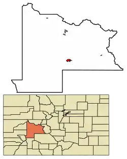 Location of the City of Gunnison in Gunnison County, Colorado.