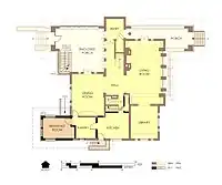 Hills House First Floor Plan in 1975/76. Alterations since 1906 are marked in orange with bold walls.