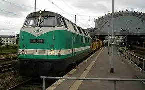 ITL 118 001 with permanent way train in Dresden-Neustadt station