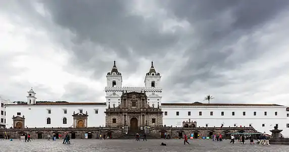 Complete façade of the Iglesia y Convento de San Francisco, Quito, built between 1550 and 1680