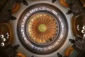 Image 36The dome of the Illinois State Capitol. Designed by architects Cochrane and Garnsey, the dome's interior features a plaster frieze painted to resemble bronze and illustrating scenes from Illinois history. Stained glass windows, including a stained glass replica of the State Seal, appear in the oculus. Ground was first broken for the new capitol on March 11, 1869, and it was completed twenty years later. Photo credit: Daniel Schwen (from Portal:Illinois/Selected picture)