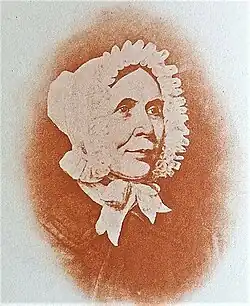 Portrait engraving of Isabella Burns aged 77 wearing a bonnet