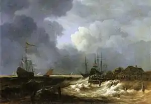 Painting of a coastal scene with ships in stormy weather