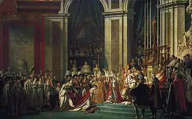 Image 6The Coronation of NapoleonPainting by Jacques-Louis David and Georges RougetThe Coronation of Napoleon, a painting by Jacques-Louis David depicting Napoleon Bonaparte's self-coronation as Emperor of France on December 2, 1804. The act took place in Notre-Dame de Paris, during which Napoleon, eschewing tradition, took the crown and placed it on his own head. The nearly 10 by 6 m (32.8 by 19.7 ft) work was commissioned before the coronation and completed in 1807.More featured pictures