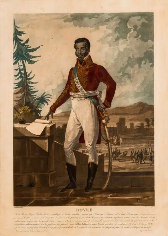 Engraving showing Haitian President Jean Pierre Boyer with an Inkwell, Quill, and Scroll in his right hand, ready to sign the ordinance. To the left of him, in the background, French sailors can be seen on the Port-au-Prince dock, making sure that the ordinance is signed.