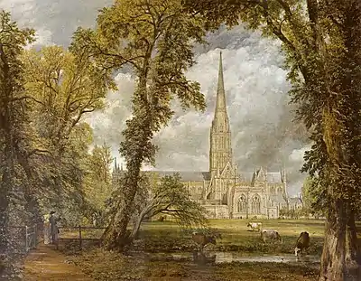 One of Constable's best-known works, this shows Salisbury Cathedral with its single tall spire lit by sun against a stormy sky. It is viewed through an arch made by two tall trees.
