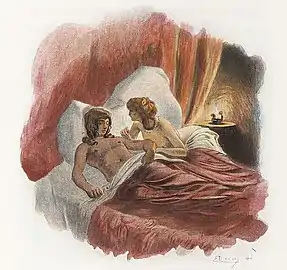 Clarimonde pricks Romuald's arm with a gold pin to feed on his blood..