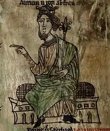Laws of Hywel Dda, Welsh king 'Hywel the Good' holding a Fleur De Lis scepter (mid-13th century)