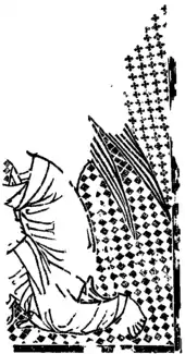 A fragment of a woodblock print. In the lower right, there is the body of a kneeling angel. The rest of the scene is obscured.
