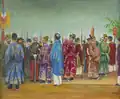 Oil painting "Les Mandarins et les Autorites Françaises Attendant L’Arrivée de l’Empereur Thanh Thai”
