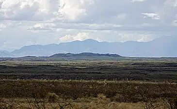 View north to the malpaís lava field and a spatter cone