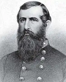 Black and white print of a bearded man in a gray uniform.