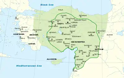 Image 21Map of the Hittite Empire at its greatest extent, with Hittite rule c. 1350–1300 BC represented by the green line (from History of Turkey)