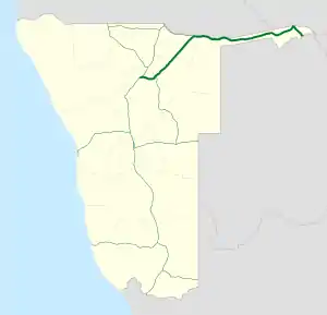 Map of Namibia with a long green line running from the north to the south of the country, with one section of the line coloured blue instead. The green sections of the line signifies the B1.