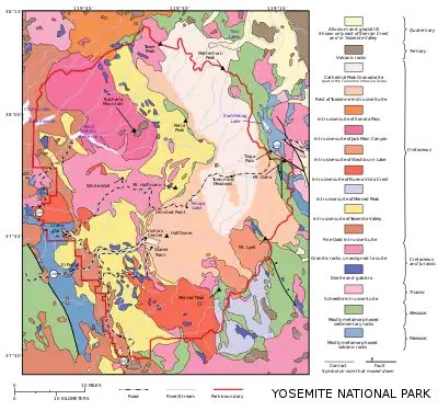 Image 7Cathedral Peak GranodioriteMap: Grandiose, based on a map by the United States Geological SurveyA geological map of Yosemite National Park (full size), showing the Cathedral Peak Granodiorite, the largest unit in the Tuolumne Intrusive Suite, which in turn is the largest granitic suite in the park. Cathedral Peak Granodiorite Rest of the Tuolumne Intrusive SuiteMore selected pictures