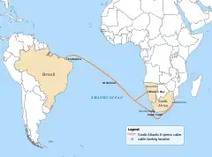 Route of the SAex submarine cable as planned in 2014