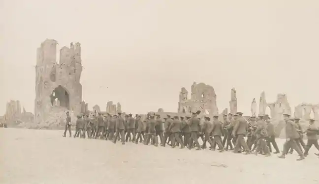 Margaret Hall (American, 1876–1963). Cloth Hall and Cathedral, Ypres, Tommies, 1919