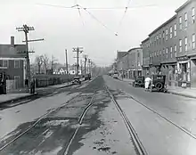 Streetcar tracks on an urban street