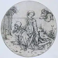 Drypoint of Aristotle ridden by Phyllis by the Housebook Master. c. 1490