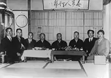Image 28Masters of karate in Tokyo (c. 1930s), from left to right, Kanken Toyama, Hironori Otsuka, Takeshi Shimoda, Gichin Funakoshi, Chōki Motobu, Kenwa Mabuni, Genwa Nakasone, and Shinken Taira (from Karate)