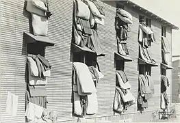 "Beds airing, Camp Funston, Kansas", in 1917 or 1918.