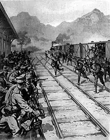 Romanian soldiers surprising the Austro-Hungarians at the Ghimeș railway station, August 1916