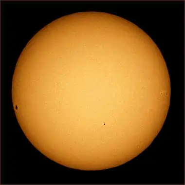 Image 15Transit of MercuryPhoto: Mila ZinkovaThe transit of Mercury across the face of the Sun that took place in November 2006. Mercury appears as a black speck in the Sun's lower center-right region; the black areas on the left and right edges are sunspots. The transit was first recorded by French astronomer Pierre Gassendi on November 7, 1631. Transits of Mercury take place in May or November, at intervals of 7, 13, or 33 years, with the next one scheduled to appear in May 2016.More selected pictures