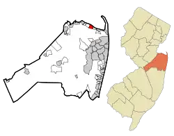 Map of Belford CDP in Monmouth County. Inset: Location of Monmouth County in New Jersey.