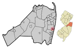 Location of Interlaken in Monmouth County circled and highlighted in red (left). Inset map: Location of Monmouth County in New Jersey highlighted in orange (right).