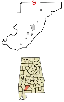Location of Vredenburgh in Monroe County, Alabama.