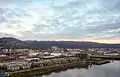 View from Fremont Bridge with Tualatin Mountains and Forest Park in distance