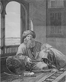 A man with a full beard and turban reclines on his right side on a carpet, with his elbow and back resting on a pillow, next to an open arched window. His right hand holds a fly-whisk; in front of him on the floor is a sheathed sword.