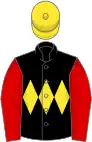 Black, yellow triple diamond, red sleeves, yellow cap