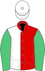 Red and white (halved), emerald green sleeves, white cap