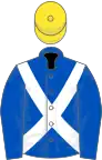 Royal blue, white cross sashes, yellow cap