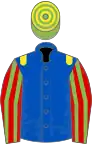 Royal blue, yellow epaulettes, red and light green striped sleeves, light green and yellow hooped cap