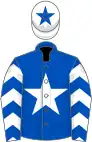 Royal blue, white star, chevrons on sleeves, white cap, royal blue star