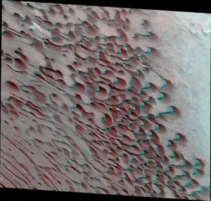 Hyperboreae Undae anaglyph 3D at the boundary with Boreum Cavus showing coexisting linear and barchan dunes